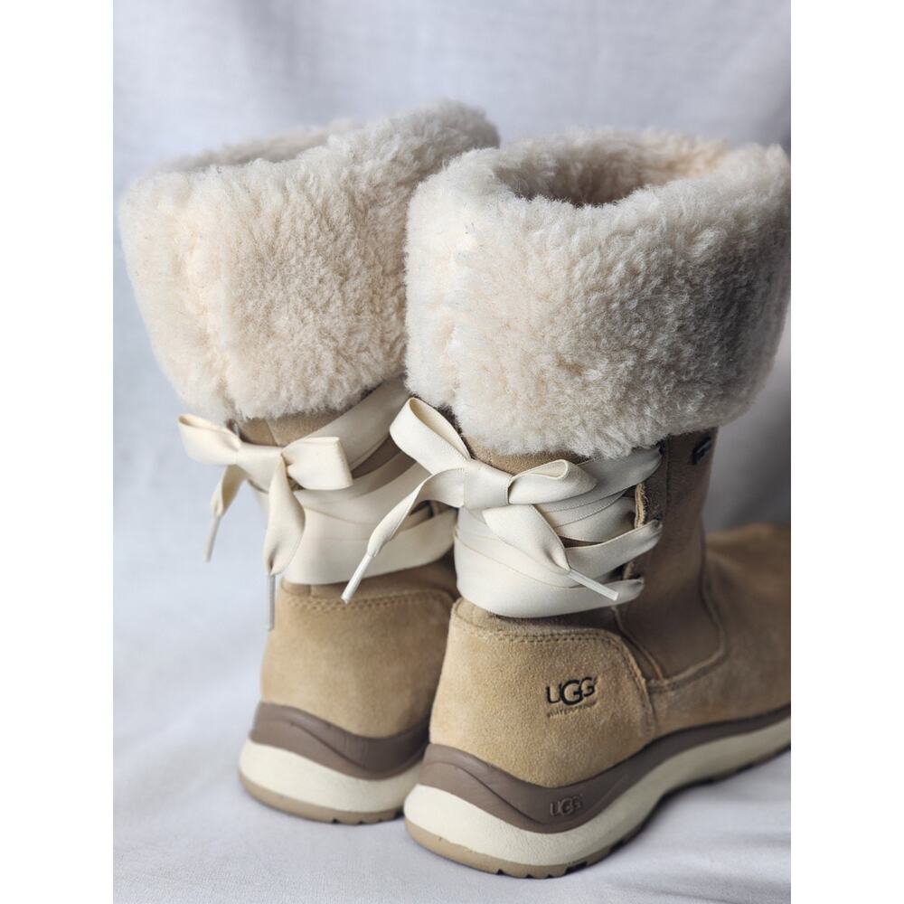 NEW UGG Ingalls Sand Beige Waterproof Leather Fur Bow Snow Boots Size 8.5 Womens - Picture 10 of 12